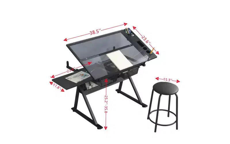 Black Adjustable Tempered Glass Drawing Printing Desk With Chair - ModernLuxe