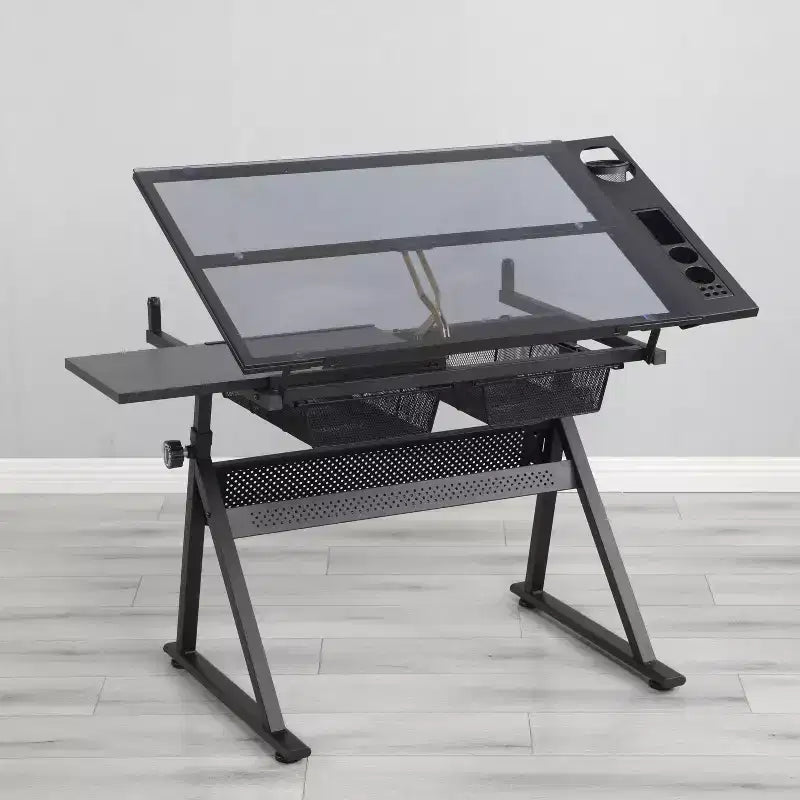 Black Adjustable Tempered Glass Drawing Printing Desk With Chair - ModernLuxe