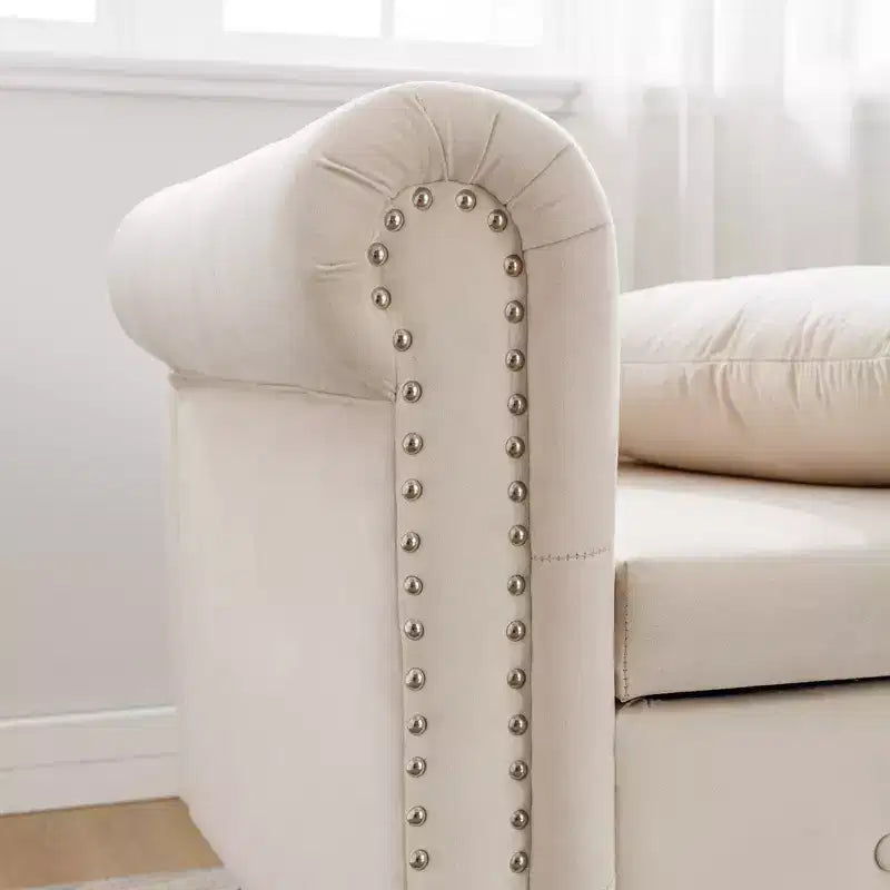 Bedroom Velvet Chaise Longue With Storage, Pillow and Nailhead Accents - ModernLuxe
