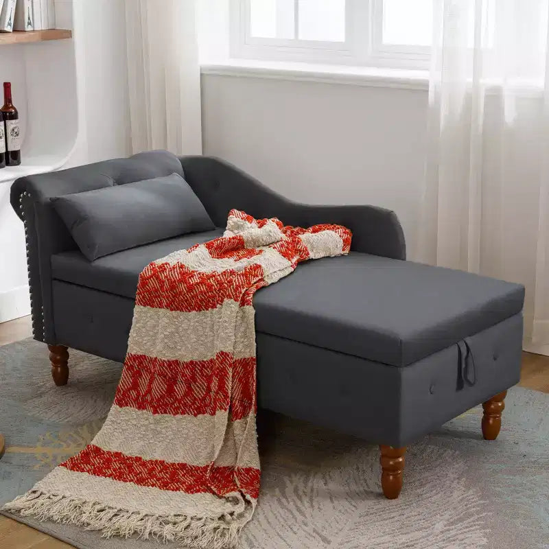 Bedroom Velvet Chaise Longue With Storage, Pillow and Nailhead Accents - ModernLuxe