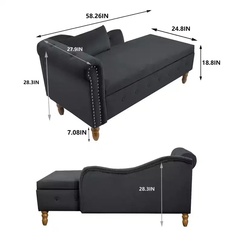 Bedroom Velvet Chaise Longue With Storage, Pillow and Nailhead Accents - ModernLuxe