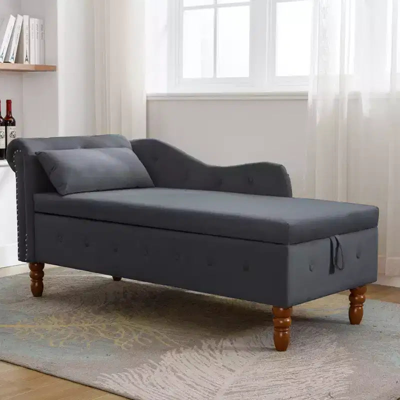 Bedroom Velvet Chaise Longue With Storage, Pillow and Nailhead Accents - ModernLuxe