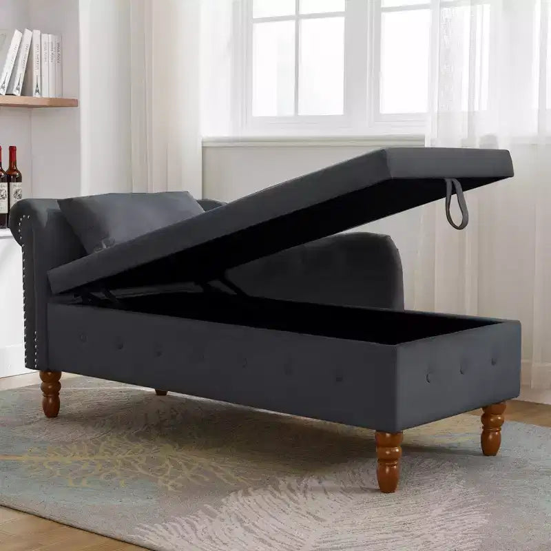 Bedroom Velvet Chaise Longue With Storage, Pillow and Nailhead Accents - ModernLuxe