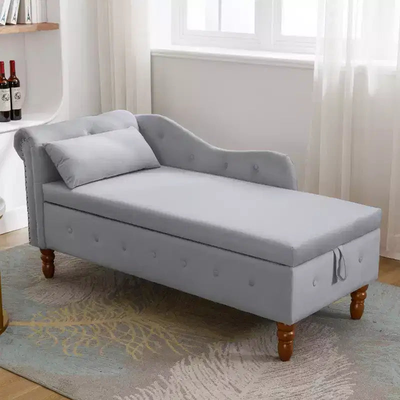 Bedroom Velvet Chaise Longue With Storage, Pillow and Nailhead Accents - ModernLuxe