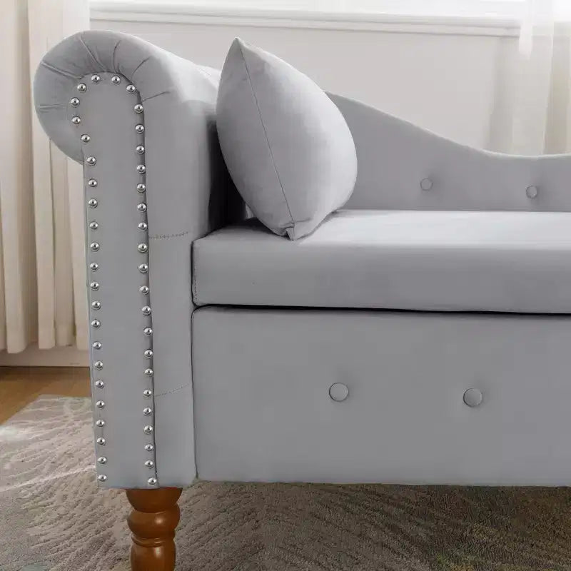 Bedroom Velvet Chaise Longue With Storage, Pillow and Nailhead Accents - ModernLuxe