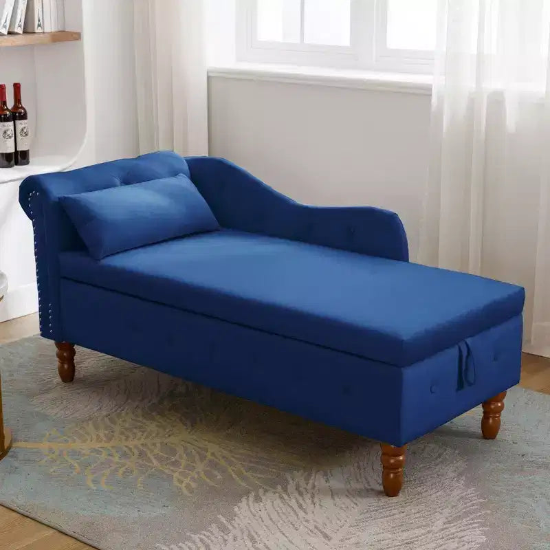 Bedroom Velvet Chaise Longue With Storage, Pillow and Nailhead Accents - ModernLuxe