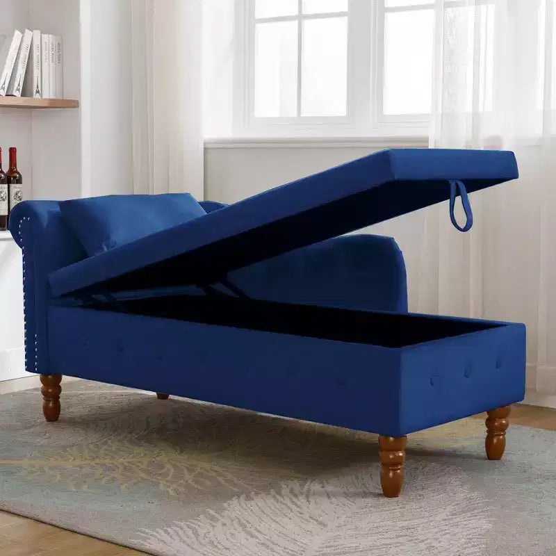 Bedroom Velvet Chaise Longue With Storage, Pillow and Nailhead Accents - ModernLuxe