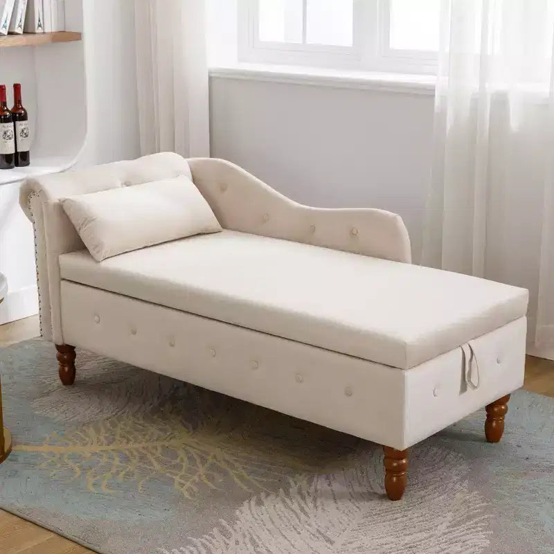 Bedroom Velvet Chaise Longue With Storage, Pillow and Nailhead Accents - ModernLuxe