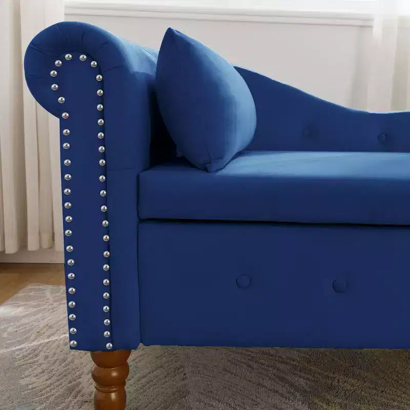 Bedroom Velvet Chaise Longue With Storage, Pillow and Nailhead Accents - ModernLuxe