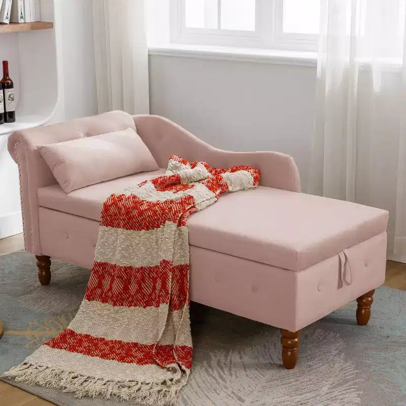 Bedroom Velvet Chaise Longue With Storage, Pillow and Nailhead Accents - ModernLuxe