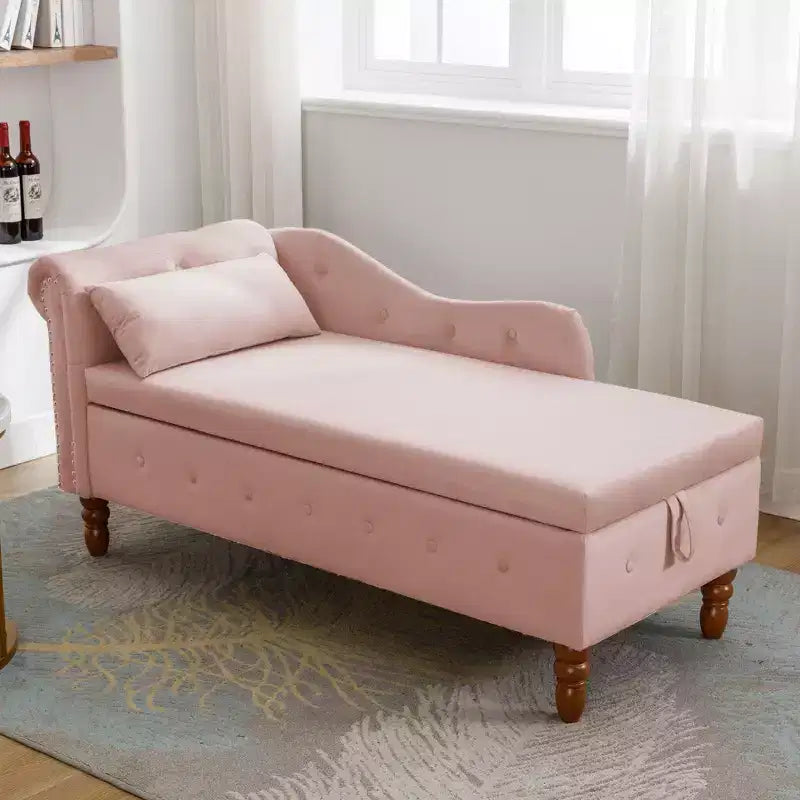 Bedroom Velvet Chaise Longue With Storage, Pillow and Nailhead Accents - ModernLuxe