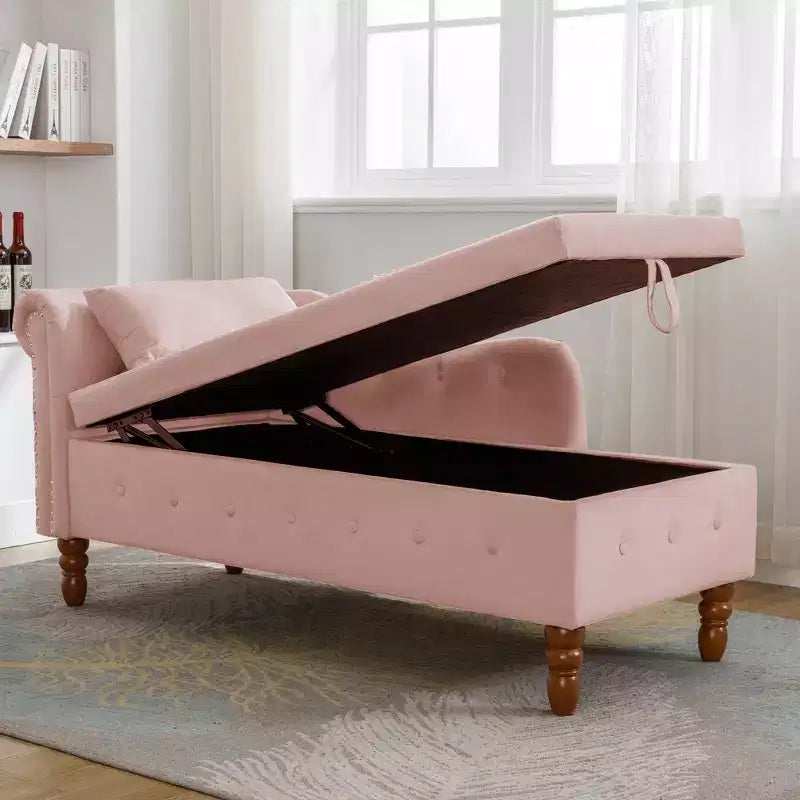 Bedroom Velvet Chaise Longue With Storage, Pillow and Nailhead Accents - ModernLuxe