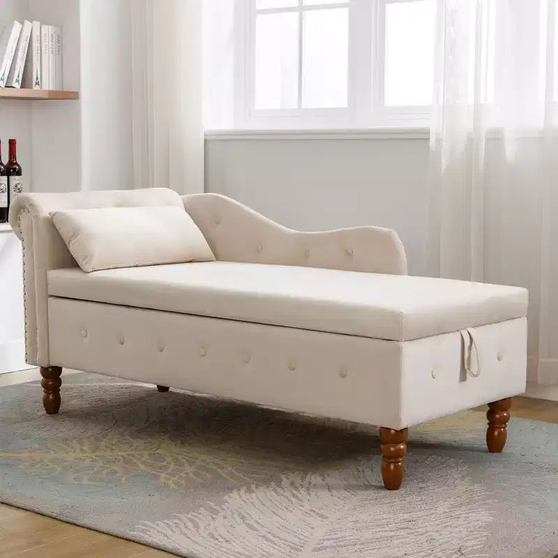 Bedroom Velvet Chaise Longue With Storage, Pillow and Nailhead Accents - ModernLuxe