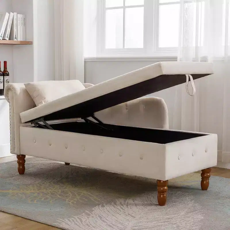 Bedroom Velvet Chaise Longue With Storage, Pillow and Nailhead Accents - ModernLuxe