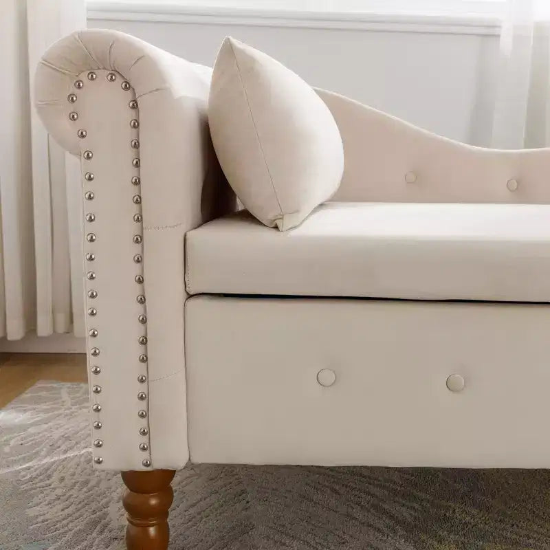 Bedroom Velvet Chaise Longue With Storage, Pillow and Nailhead Accents - ModernLuxe