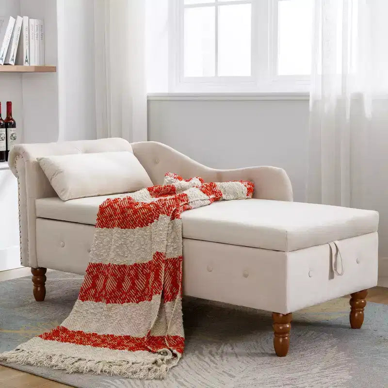 Bedroom Velvet Chaise Longue With Storage, Pillow and Nailhead Accents - ModernLuxe