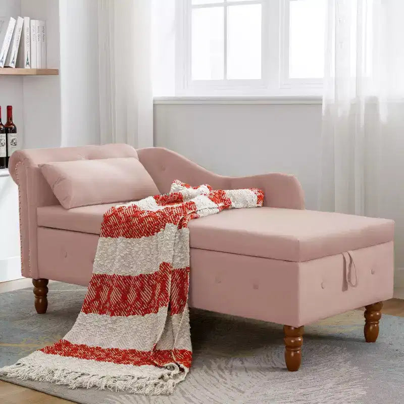 Chaise Longue in Velluto da Camera da Letto con Contenitore, Cuscino e Rivetti - ModernLuxe