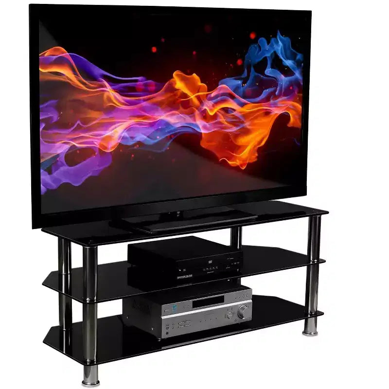Mount-It! Mobile per TV in Vetro per Televisori a Schermo Piatto Adatto per TV LCD, LED, OLED, 4K da 40 a 60 Pollici | Tre Ripiani in Vetro Temperato | Nero