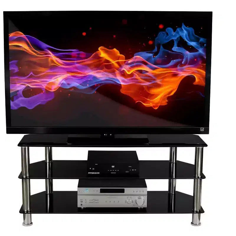 Mount-It! Mobile per TV in Vetro per Televisori a Schermo Piatto Adatto per TV LCD, LED, OLED, 4K da 40 a 60 Pollici | Tre Ripiani in Vetro Temperato | Nero