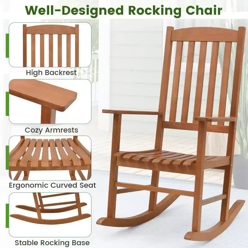 Costway Outdoor Rocking Chair Patio Eucalyptus Wood Rocker Ergonomic Slatted Garden