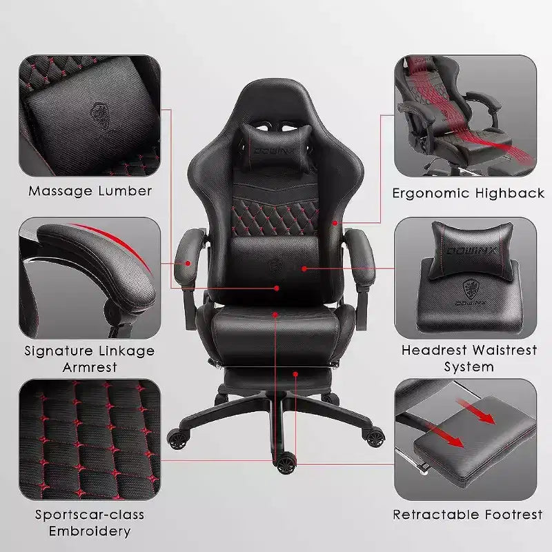 Adjustable Gaming Chair with Massage Lumbar Support and Retractable Footrest - Dowinx