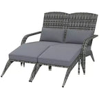 Sedia Adirondack Outsunny in Vimini per 2 persone con Cuscini e Poggiapiedi, Sedia con Schienale Alto e Braccioli Ampi in Rattan PE per Braciere