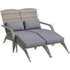 Outsunny Wicker Adirondack Chair for 2 with Cushions & Footrests, PE Rattan Fire Pit Chair for 2with High-back, Wide Armrests