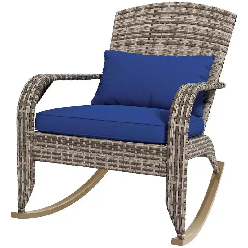 Outsunny Outdoor Wicker Adirondack Rocking Chair, Patio Rattan Rocker Chair with High Back, Seat Cushion and Pillow for Porch, Balcony