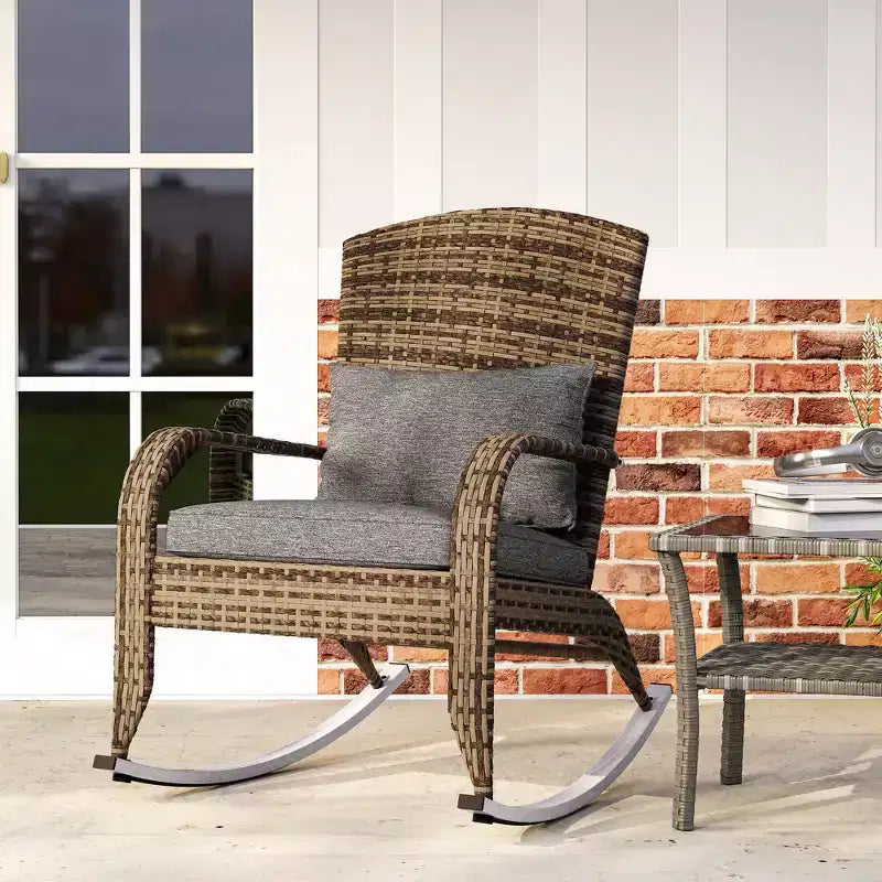 Outsunny Outdoor Wicker Adirondack Rocking Chair, Patio Rattan Rocker Chair with High Back, Seat Cushion and Pillow for Porch, Balcony