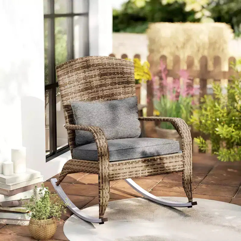 Outsunny Outdoor Wicker Adirondack Rocking Chair, Patio Rattan Rocker Chair with High Back, Seat Cushion and Pillow for Porch, Balcony