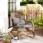 Outsunny Outdoor Wicker Adirondack Rocking Chair, Patio Rattan Rocker Chair with High Back, Seat Cushion and Pillow for Porch, Balcony