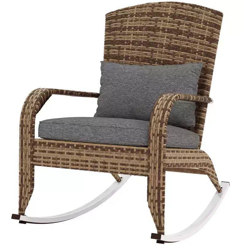 Outsunny Outdoor Wicker Adirondack Rocking Chair, Patio Rattan Rocker Chair with High Back, Seat Cushion and Pillow for Porch, Balcony