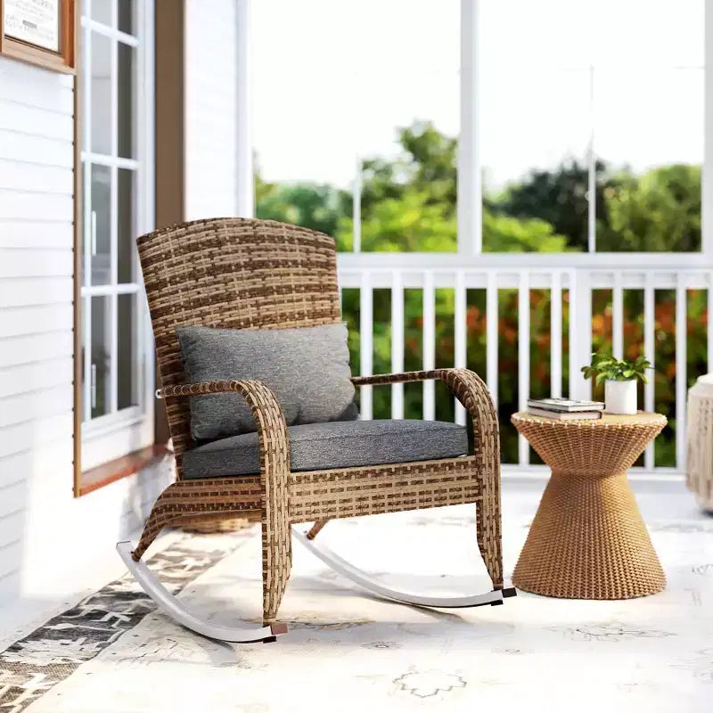 Outsunny Outdoor Wicker Adirondack Rocking Chair, Patio Rattan Rocker Chair with High Back, Seat Cushion and Pillow for Porch, Balcony