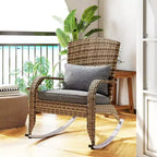 Outsunny Outdoor Wicker Adirondack Rocking Chair, Patio Rattan Rocker Chair with High Back, Seat Cushion and Pillow for Porch, Balcony