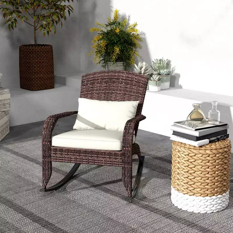 Outsunny Outdoor Wicker Adirondack Rocking Chair, Patio Rattan Rocker Chair with High Back, Seat Cushion and Pillow for Porch, Balcony