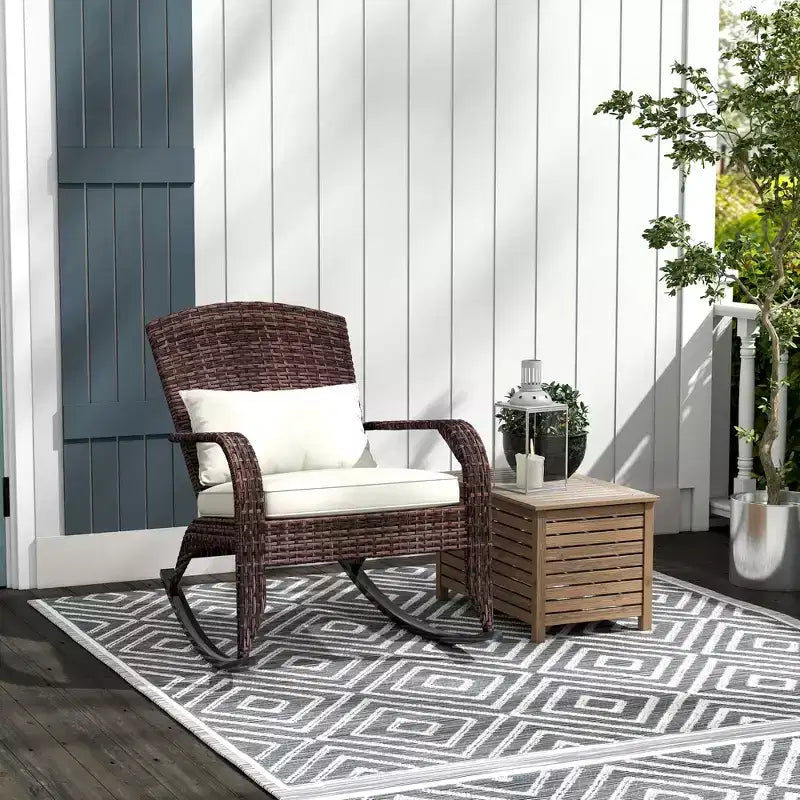 Outsunny Outdoor Wicker Adirondack Rocking Chair, Patio Rattan Rocker Chair with High Back, Seat Cushion and Pillow for Porch, Balcony