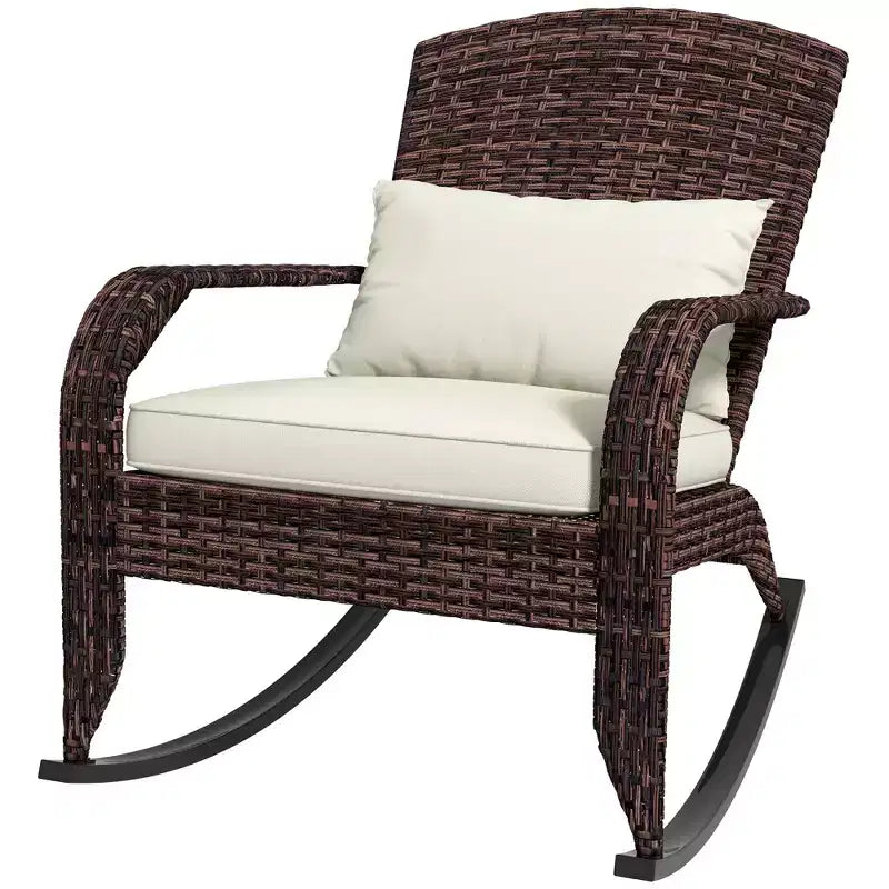 Outsunny Outdoor Wicker Adirondack Rocking Chair, Patio Rattan Rocker Chair with High Back, Seat Cushion and Pillow for Porch, Balcony