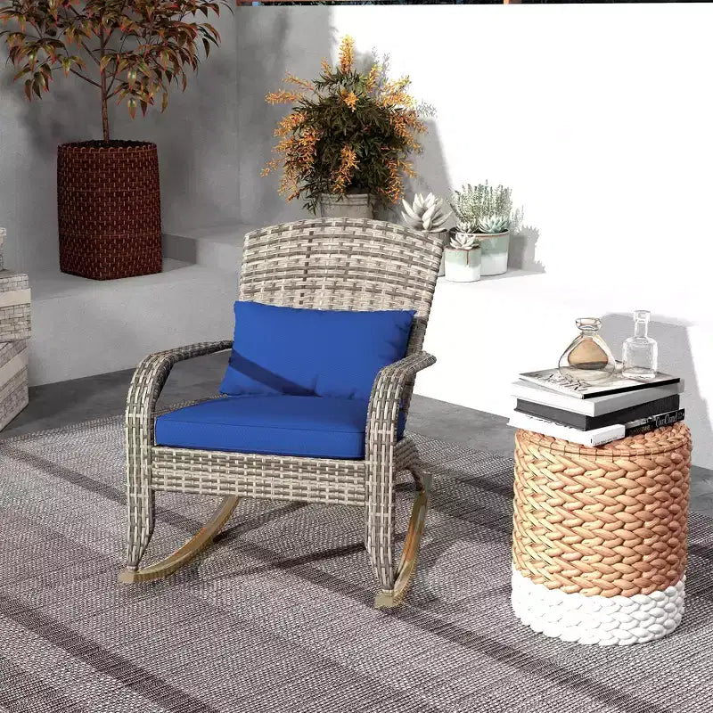 Outsunny Outdoor Wicker Adirondack Rocking Chair, Patio Rattan Rocker Chair with High Back, Seat Cushion and Pillow for Porch, Balcony