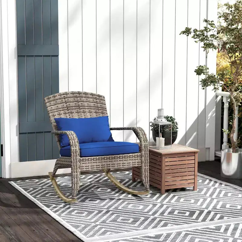 Outsunny Outdoor Wicker Adirondack Rocking Chair, Patio Rattan Rocker Chair with High Back, Seat Cushion and Pillow for Porch, Balcony