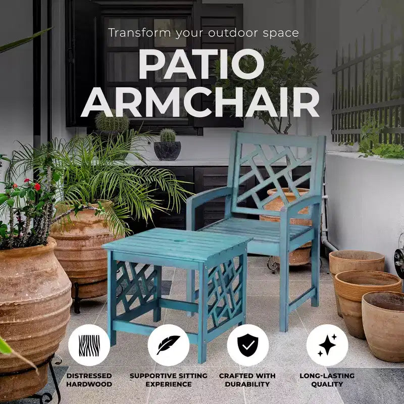 Four Seasons Courtyard Sedia da Patio Portland con Braccioli, Seduta da 22 Pollici, in Legno Duro Invecchiato, Finitura con Spazzolatura Metallica e Capacità Massima di 250 Libbre, Blu