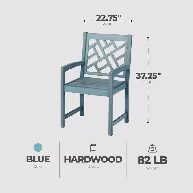 Four Seasons Courtyard Sedia da Patio Portland con Braccioli, Seduta da 22 Pollici, in Legno Duro Invecchiato, Finitura con Spazzolatura Metallica e Capacità Massima di 250 Libbre, Blu