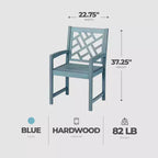 Four Seasons Courtyard Sedia da Patio Portland con Braccioli, Seduta da 22 Pollici, in Legno Duro Invecchiato, Finitura con Spazzolatura Metallica e Capacità Massima di 250 Libbre, Blu