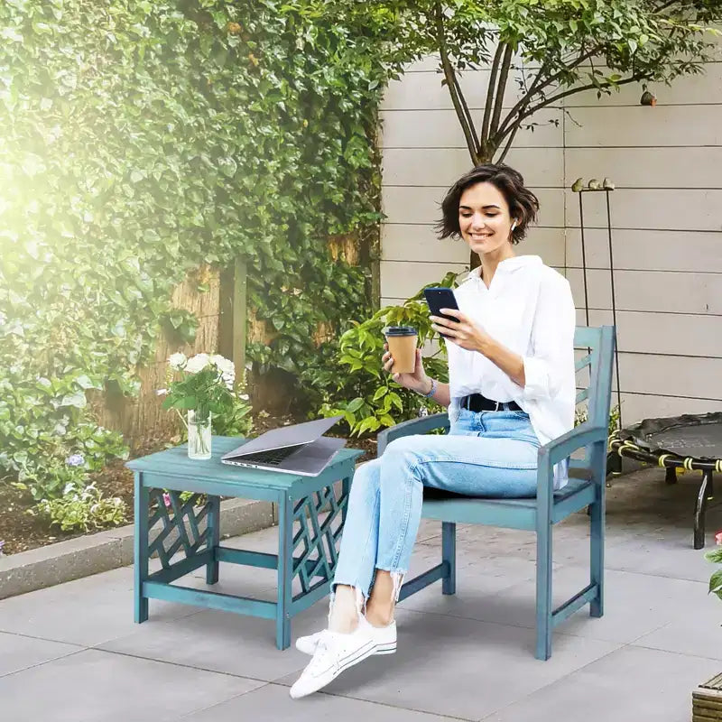 Four Seasons Courtyard Sedia da Patio Portland con Braccioli, Seduta da 22 Pollici, in Legno Duro Invecchiato, Finitura con Spazzolatura Metallica e Capacità Massima di 250 Libbre, Blu