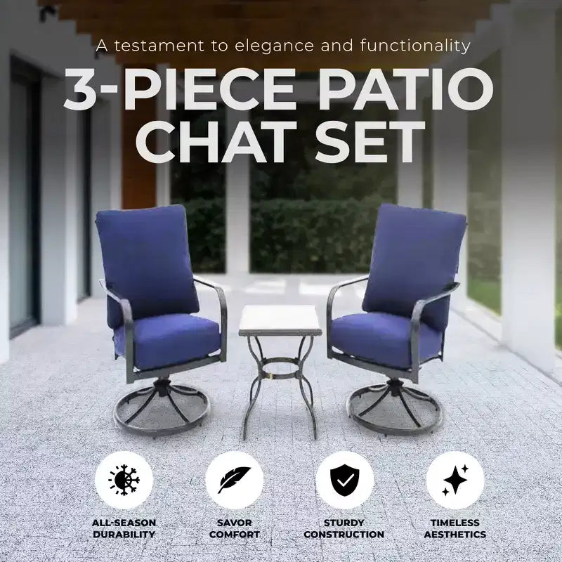 Set da chiacchiere da patio a tre pezzi Four Seasons Courtyard Brookfield con seduta profonda, include 2 poltrone a dondolo girevoli con cuscini in Olefin e tavolo piastrellato, blu navy