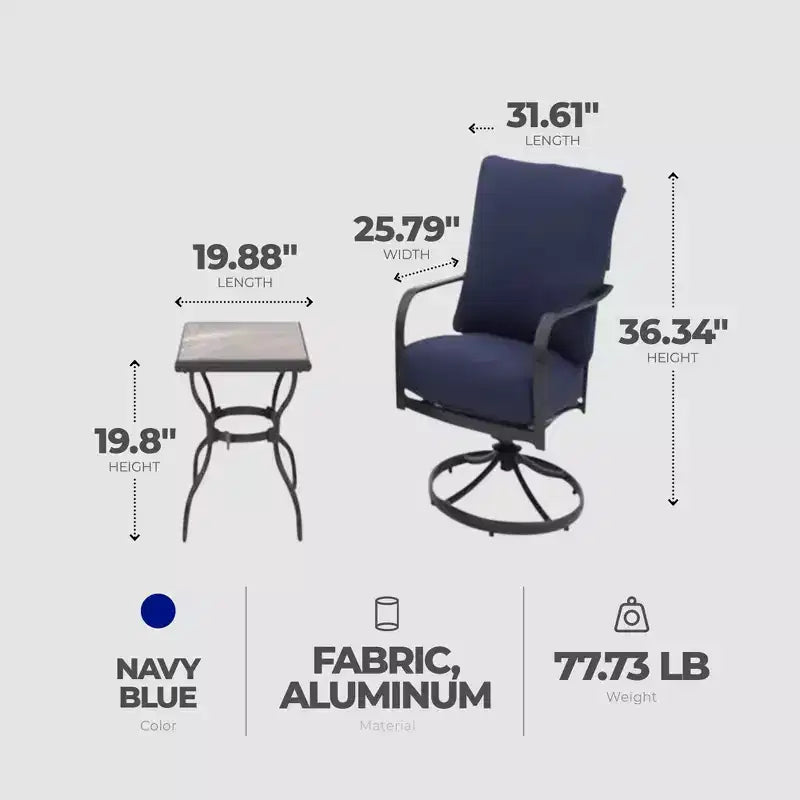 Set da chiacchiere da patio a tre pezzi Four Seasons Courtyard Brookfield con seduta profonda, include 2 poltrone a dondolo girevoli con cuscini in Olefin e tavolo piastrellato, blu navy