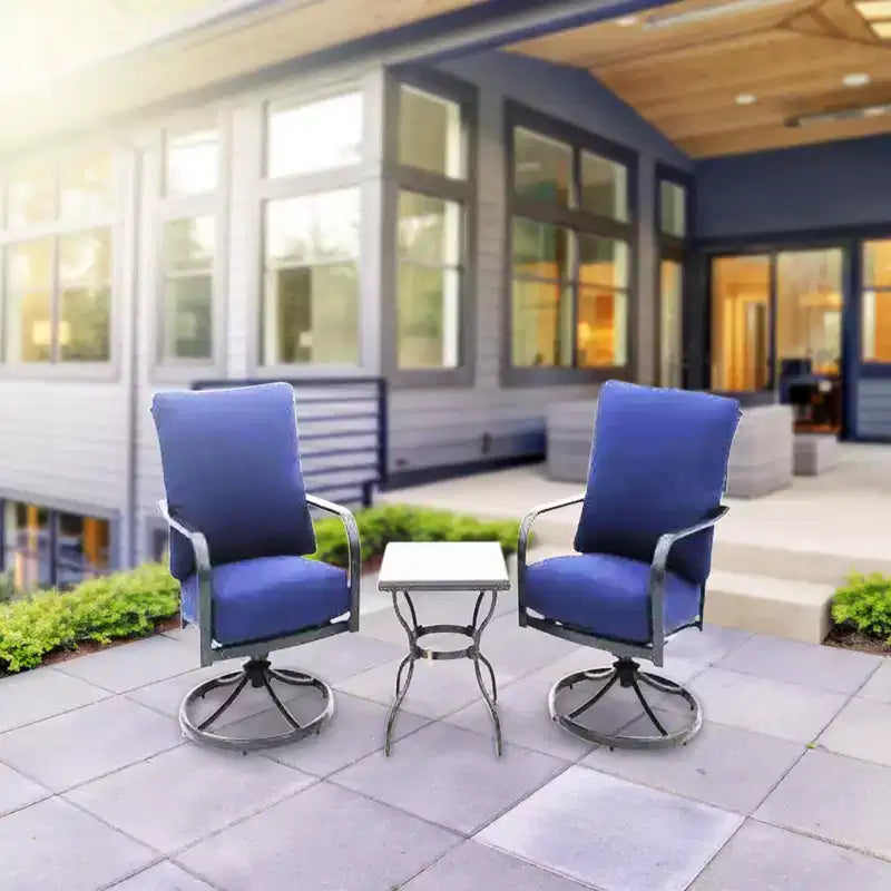 Set da chiacchiere da patio a tre pezzi Four Seasons Courtyard Brookfield con seduta profonda, include 2 poltrone a dondolo girevoli con cuscini in Olefin e tavolo piastrellato, blu navy