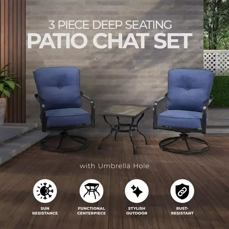 Set Salotto da Giardino 3 Pezzi Four Seasons Courtyard Beaumont per Esterni con 2 Poltrone Girevoli Imbottite e Tavolino Quadrato, Grigio/Marrone