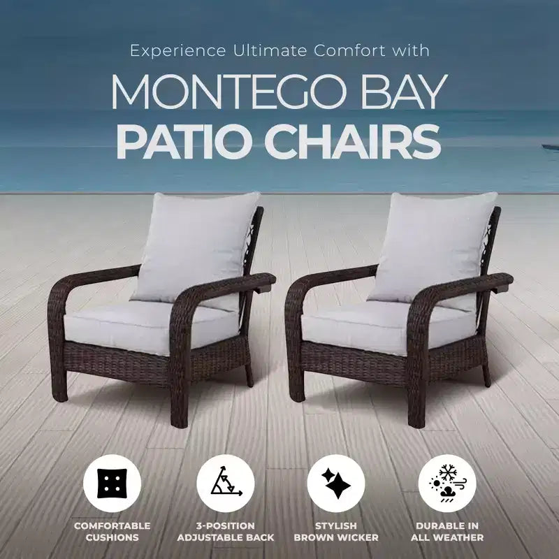 Four Seasons Courtyard Montego Bay Seating Furniture Set with 2 Adjustable All Weather Patio Outdoor Cushioned Chairs for Decks and Porches, Brown