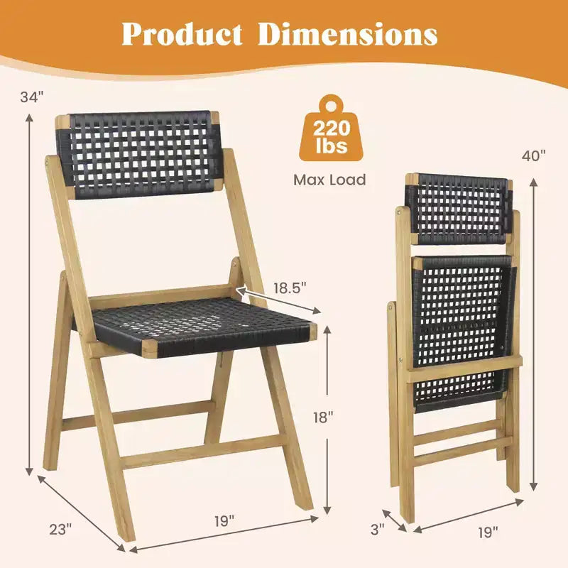 Costway Sedie Pieghevoli da Esterno 2/4 Pezzi con Sedile in Corda Intrecciata e Schienale Alto, in Legno di Teak Indonesiano, per Portico, Naturale&Nero