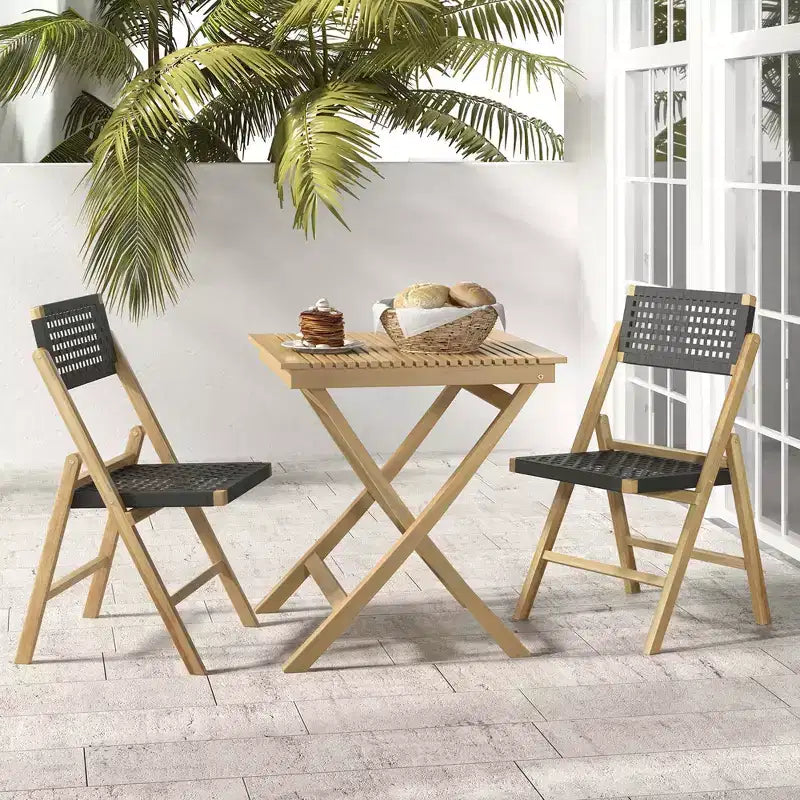 Costway Sedie Pieghevoli da Esterno 2/4 Pezzi con Sedile in Corda Intrecciata e Schienale Alto, in Legno di Teak Indonesiano, per Portico, Naturale&Nero